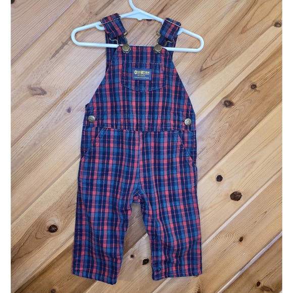 Vintage Oshkosh Vestbak Plaid Overalls Size 18 Months Blue and Red USA Paper Tag - Picture 1 of 6